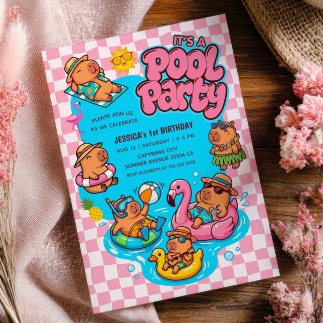 Invitación Cumpleaños 1º del Capybara Pool Party Cuadros Rosa (Subido por el creador)