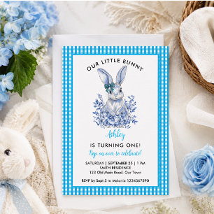 Invitación Cumpleaños 1º del conejo floral azul para niños