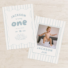 Invitación Cumpleaños 1º divertido niño Moderno con raya azul
