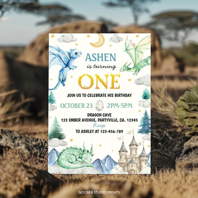 Invitación Cumpleaños 1º Dragón Acuarela Adorable (Subido por el creador)