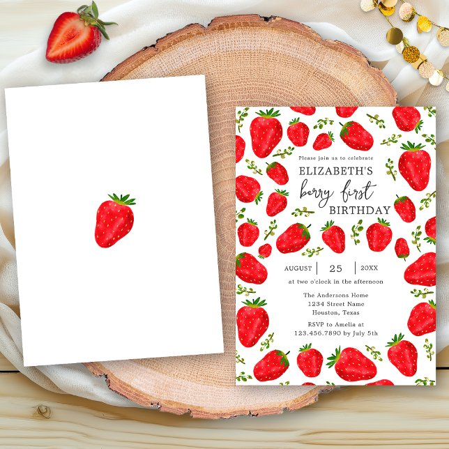 Invitación Cumpleaños 1º Elegante Fresa Roja Primera (Subido por el creador)