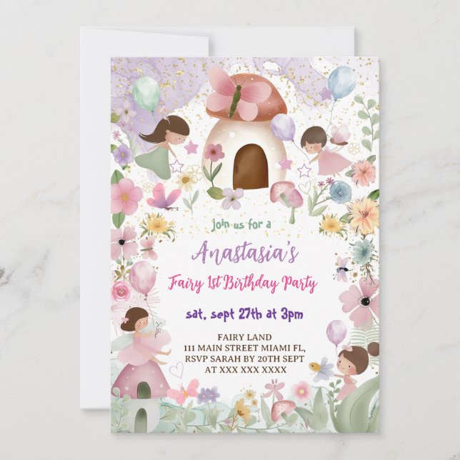 Invitación Cumpleaños 1º Floral Fairy Girl (Anverso)
