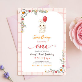 Invitación Cumpleaños 1º Floral Gingham Conejo Conejita