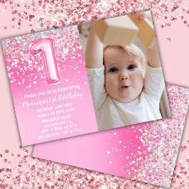 Invitación Cumpleaños 1º Foto Brillo Rosa