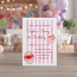 Invitación Cumpleaños 1º Fresa Rosa Rayada Adorable