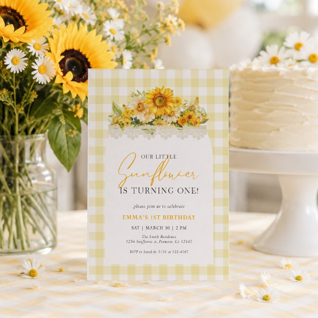 Invitación Cumpleaños 1º Gingham Amarillo Girasol (Subido por el creador)