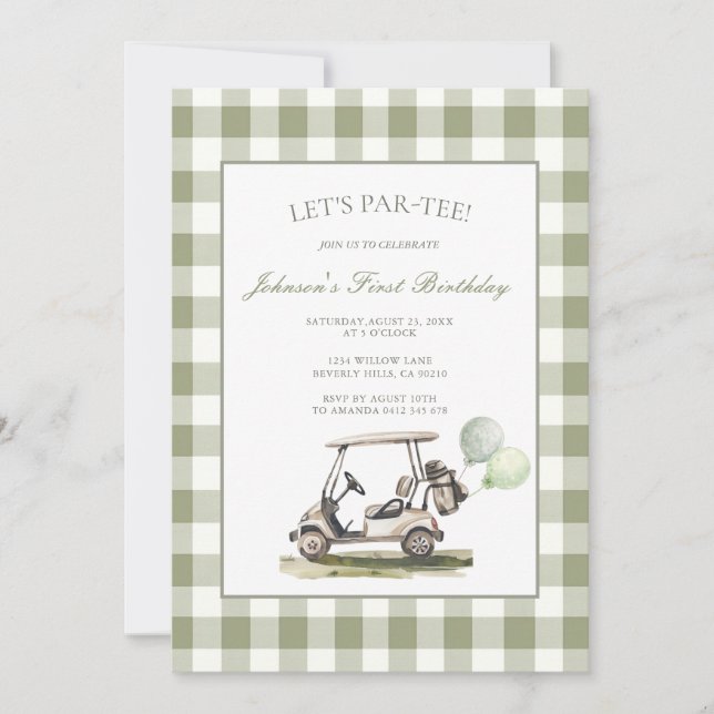 Invitación Cumpleaños 1º Golf 'Let's Par-Tee' Verde Salvia (Anverso)