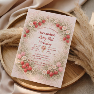 Invitación Cumpleaños 1º Jardín Fresa Rosado Vintage