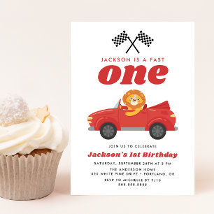 Invitación Cumpleaños 1º León Coche de Carreras Rojo Veloz