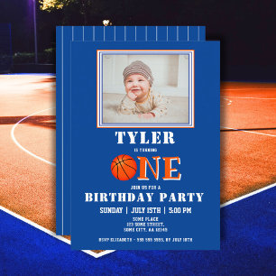 Invitación Cumpleaños 1º lindo baloncesto azul con foto
