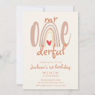 Invitación Cumpleaños 1º Mr Onederful Boho Arcoíris Corazón