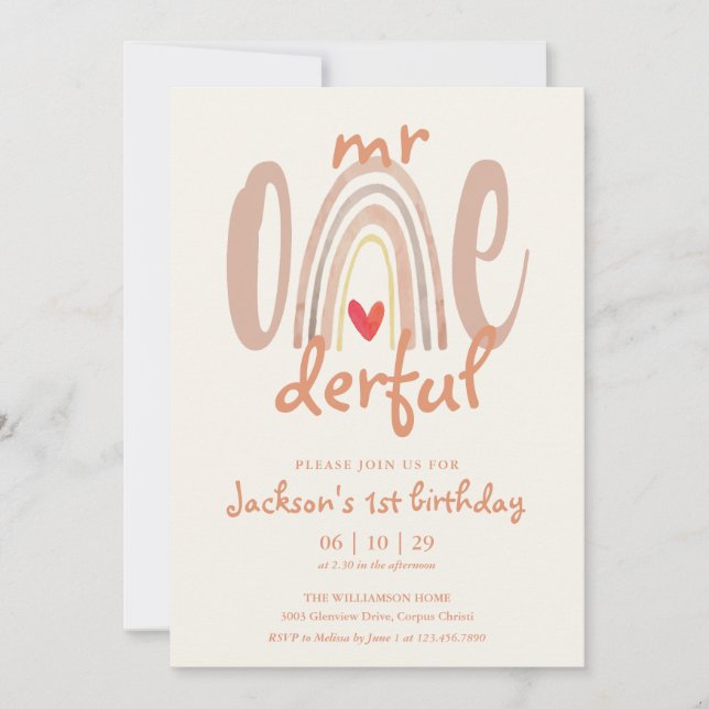 Invitación Cumpleaños 1º Mr Onederful Boho Arcoíris Corazón (Anverso)