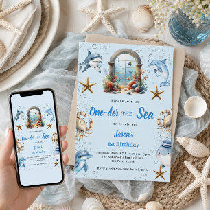 Invitación Cumpleaños 1º niño bajo el mar océano azul animale
