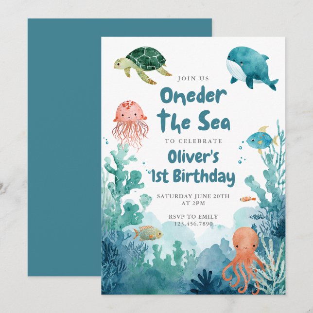 Invitación Cumpleaños 1º Oneder el Mar Acuarela (Anverso / Reverso)