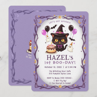 Invitación Cumpleaños 1º Pastel Bruja Gato Mago Lindo Espeluz