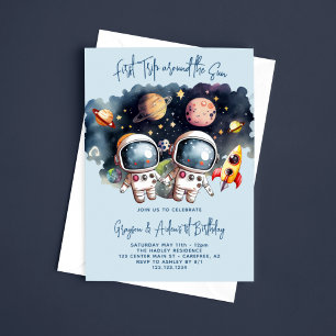 Invitación Cumpleaños 1º Planetas Astronautas Gemelos