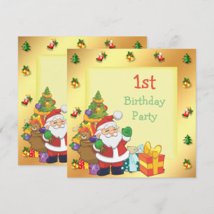 Invitación Cumpleaños 1º Santa enmarcado y regalos Navidad