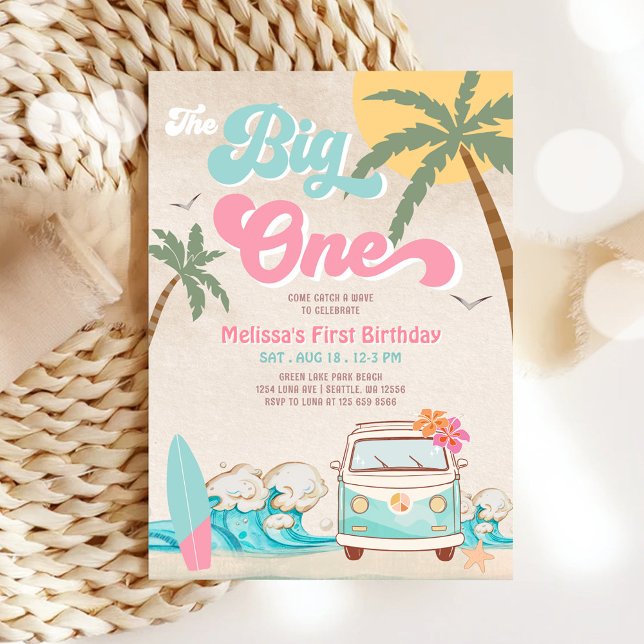 Invitación Cumpleaños 1º surfista grande menta rosa (Subido por el creador)