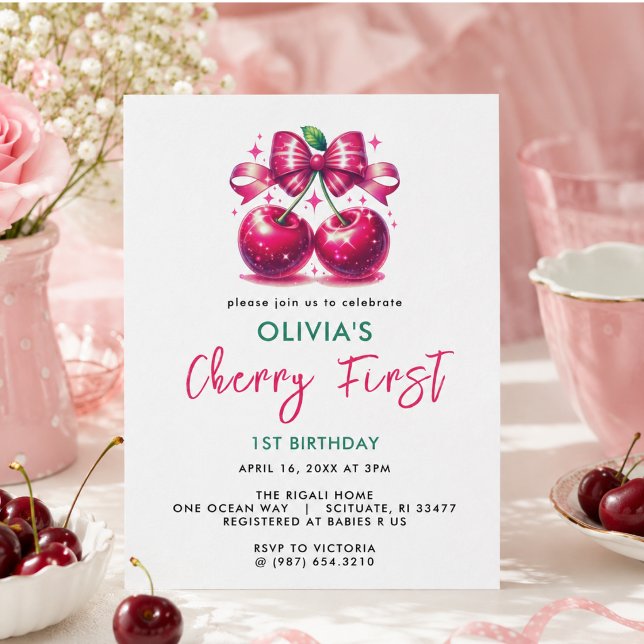 Invitación Cumpleaños 1º Watercolor Coquette Cherry (Watercolor Coquette Cherry 1st Birthday Invitation)