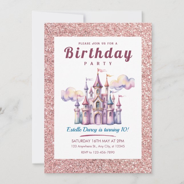 Invitación Cumpleaños 10º Castillo Arcoíris Colorido Niñas (Anverso)