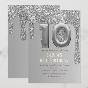 Invitación Cumpleaños 10º Glitter Plateado Glam Girl Femenino