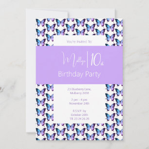 Invitación Cumpleaños 10º patrón de mariposa ilusima Morado