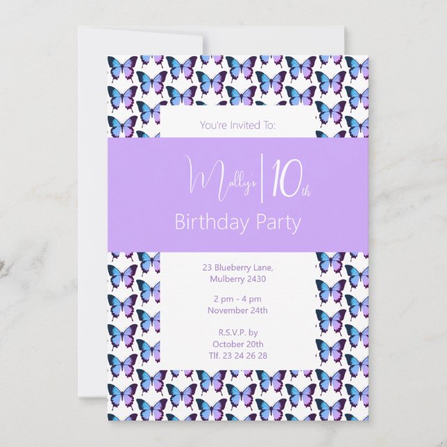 Invitación Cumpleaños 10º patrón de mariposa ilusima Morado (Anverso)