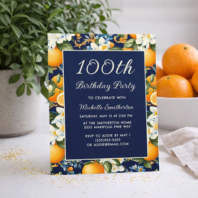 Invitación Cumpleaños 100 años Flores blancas Naranja Azul Ma (Oranges on navy blue 100th birthday party invitation)