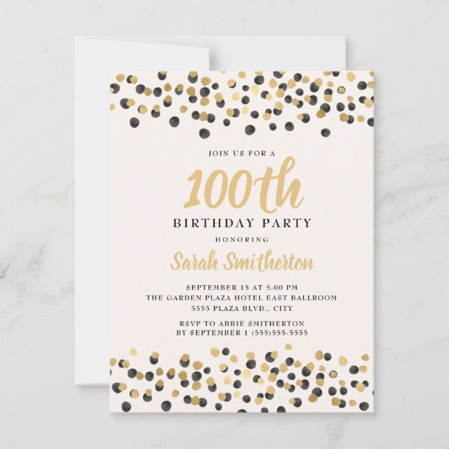 Invitación Cumpleaños 100 Blanco Negro Oro Confeti Brillante (Anverso)