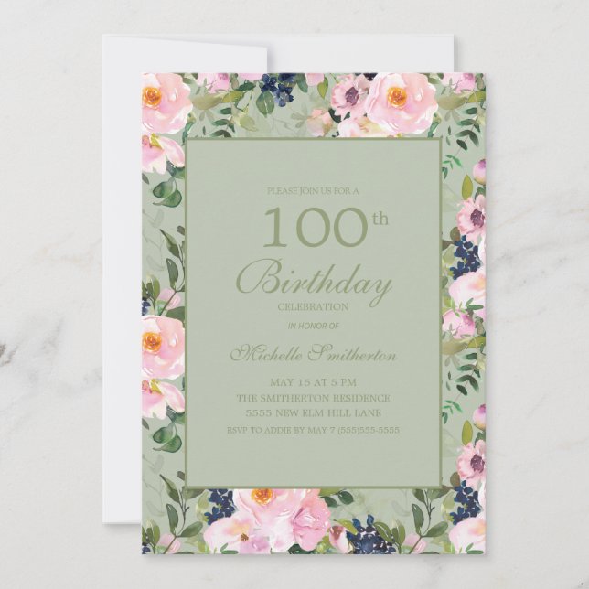 Invitación Cumpleaños 100 Blush Rosa Floral Verde Menta (Anverso)