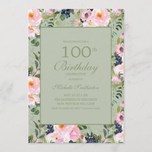 Invitación Cumpleaños 100 Blush Rosa Floral Verde Menta