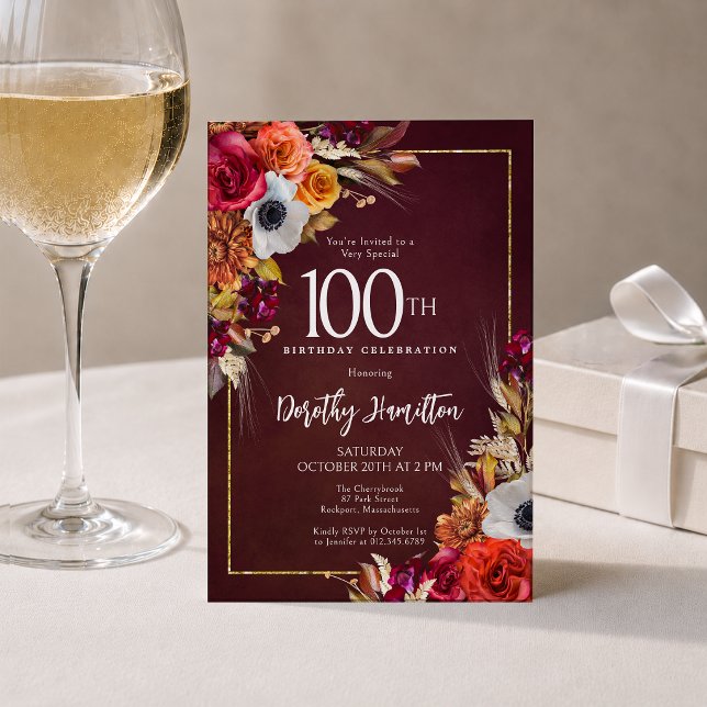 Invitación Cumpleaños 100 Boho Otoño Borgoña Floral Script (Subido por el creador)