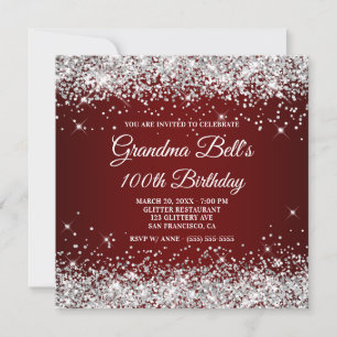 Invitación Cumpleaños 100 Brillante Plata Purpurina Rojo Oscu