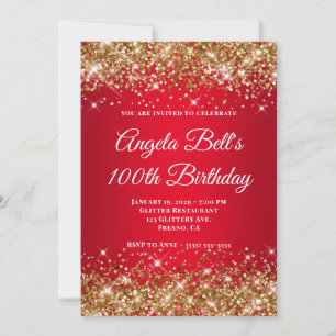 Invitación Cumpleaños 100 Brillante Rojo Ombre Purpurina Dora