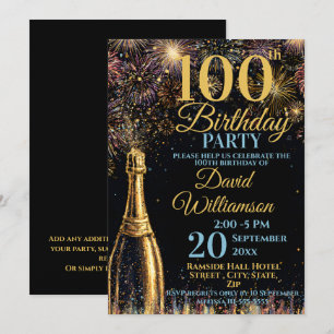 Invitación Cumpleaños 100 Burbujeante Fuegos Artificiales Dor