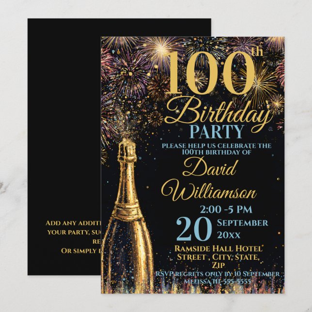 Invitación Cumpleaños 100 Burbujeante Fuegos Artificiales Dor (Anverso / Reverso)