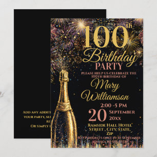 Invitación Cumpleaños 100 Burbujeante Fuegos Artificiales Dor