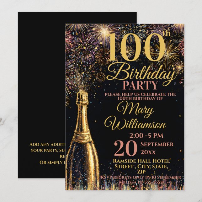 Invitación Cumpleaños 100 Burbujeante Fuegos Artificiales Dor (Anverso / Reverso)