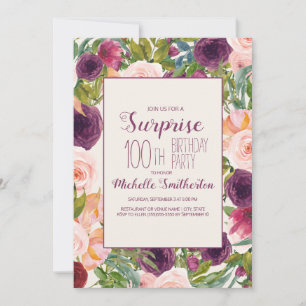 Invitación Cumpleaños 100 Burgundy Blush Pink Floral