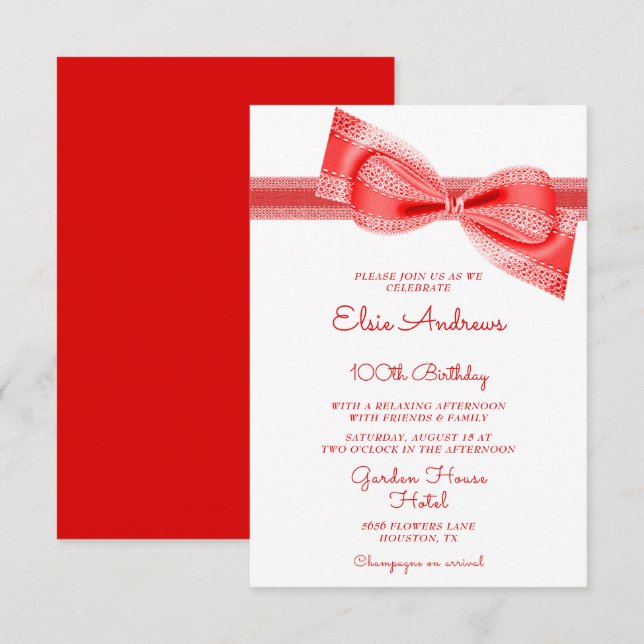 Invitación Cumpleaños 100 Centenario Lazo y Cinta Rojo (Anverso / Reverso)