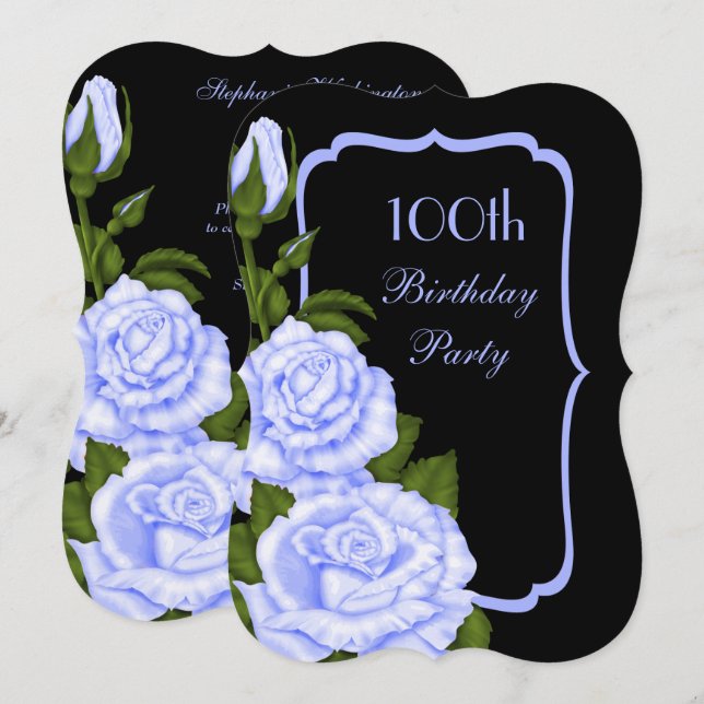 Invitación Cumpleaños 100 Chic Corner Blue Roses (Anverso / Reverso)