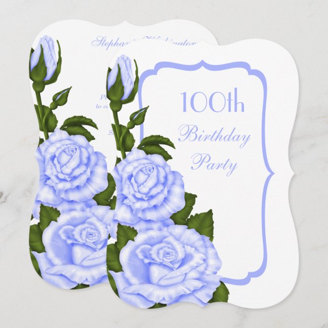 Invitación Cumpleaños 100 Chic Corner Blue Roses (Anverso / Reverso)