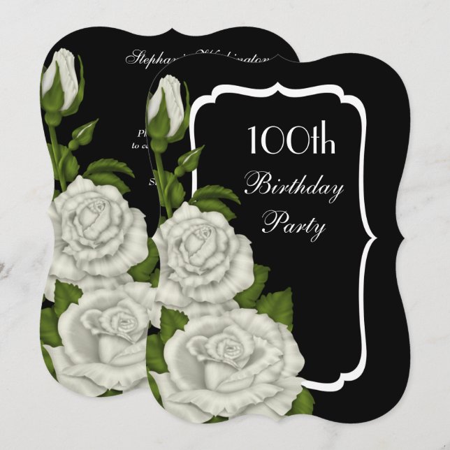 Invitación Cumpleaños 100 Chic Corner Rosas Blancas (Anverso / Reverso)