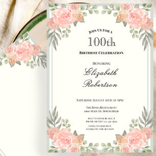 Invitación Cumpleaños 100 con flores de melocotón y salvia ve