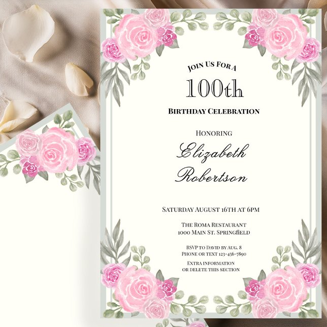 Invitación Cumpleaños 100 con flores rosadas y verde salvia (Subido por el creador)