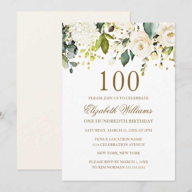 Invitación Cumpleaños 100 Confeti Dorado Flor Blanca (Anverso / Reverso)