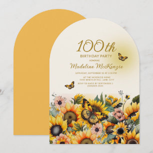 Invitación Cumpleaños 100 de arco de mariposas girasoles