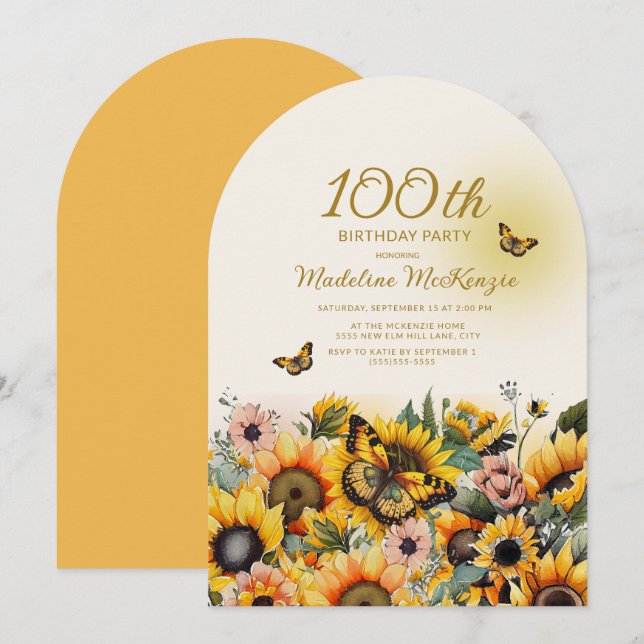 Invitación Cumpleaños 100 de arco de mariposas girasoles (Anverso / Reverso)