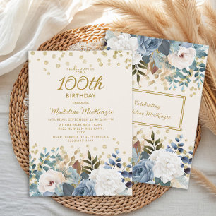 Invitación Cumpleaños 100 de Dusty Blue White Floral Gold