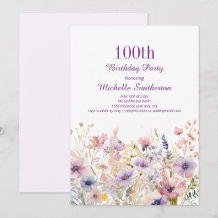 Invitación Cumpleaños 100 de Flor Silvestre Acuarela Rosa Púr